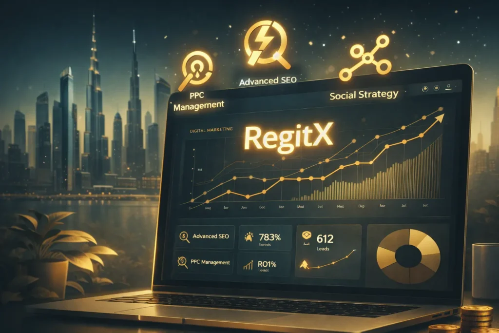 RegitX digital marketing analytics dashboard showing SEO, PPC management and social strategy with Dubai skyline representing business growth in the UAE.